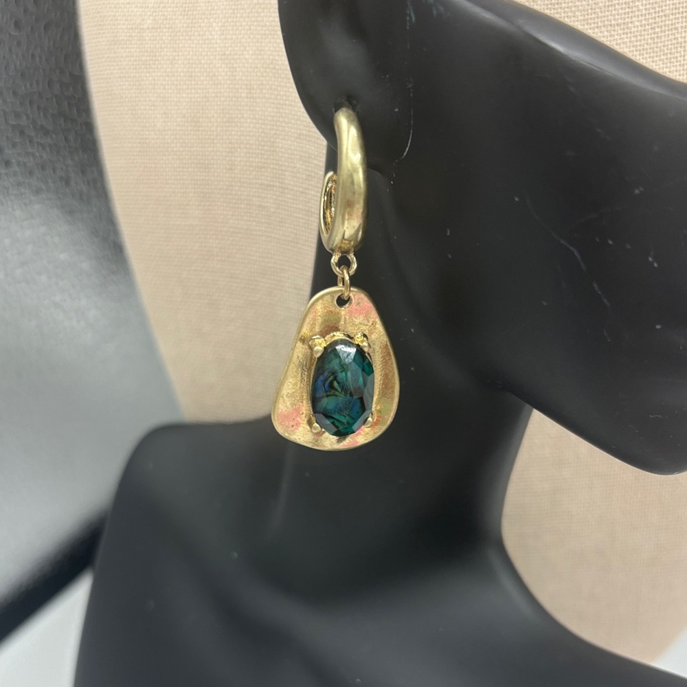 Vintage Gold-Tone Drop Earrings with Dark Teal Oval Stone